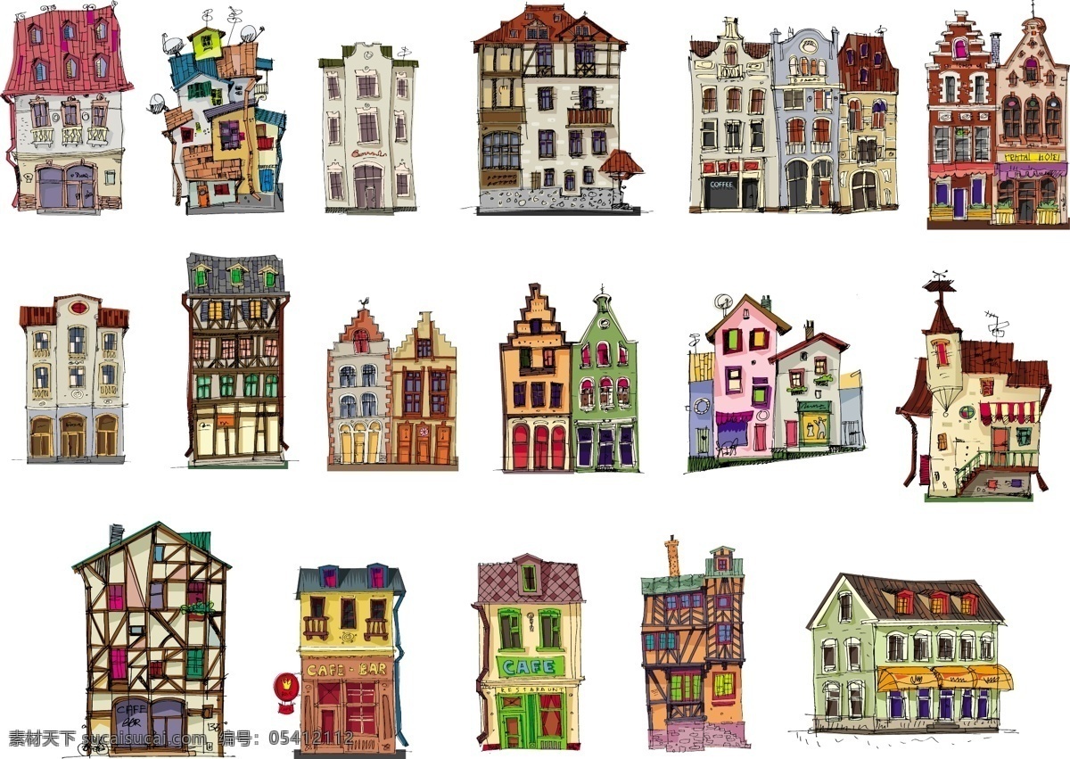 卡通 彩色 欧式 小房 子建 筑 矢量 复古 设计元素 高清 创意设计 艳丽 好看 装饰图案 广告装饰图案