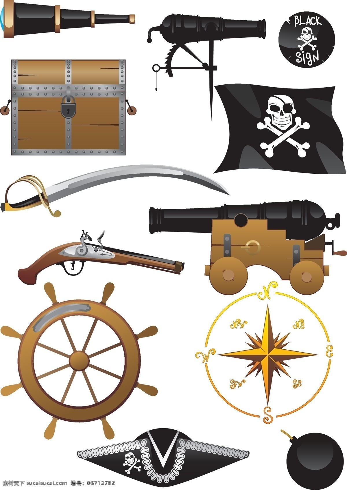 海盗 装备 用品 矢量 海盗船 海贼 旗 指南针 望远镜 宝 箱 藏 火炮 长 刀 舵 帽子 炮弹 矢量图