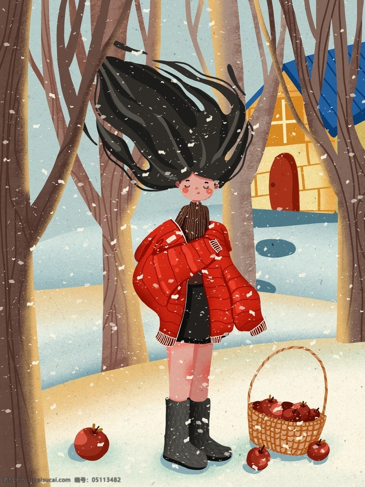 国际 儿童 日 女孩 站 大雪 中 冥想 可爱 插画 温馨 房屋 树木 国际儿童日 水果