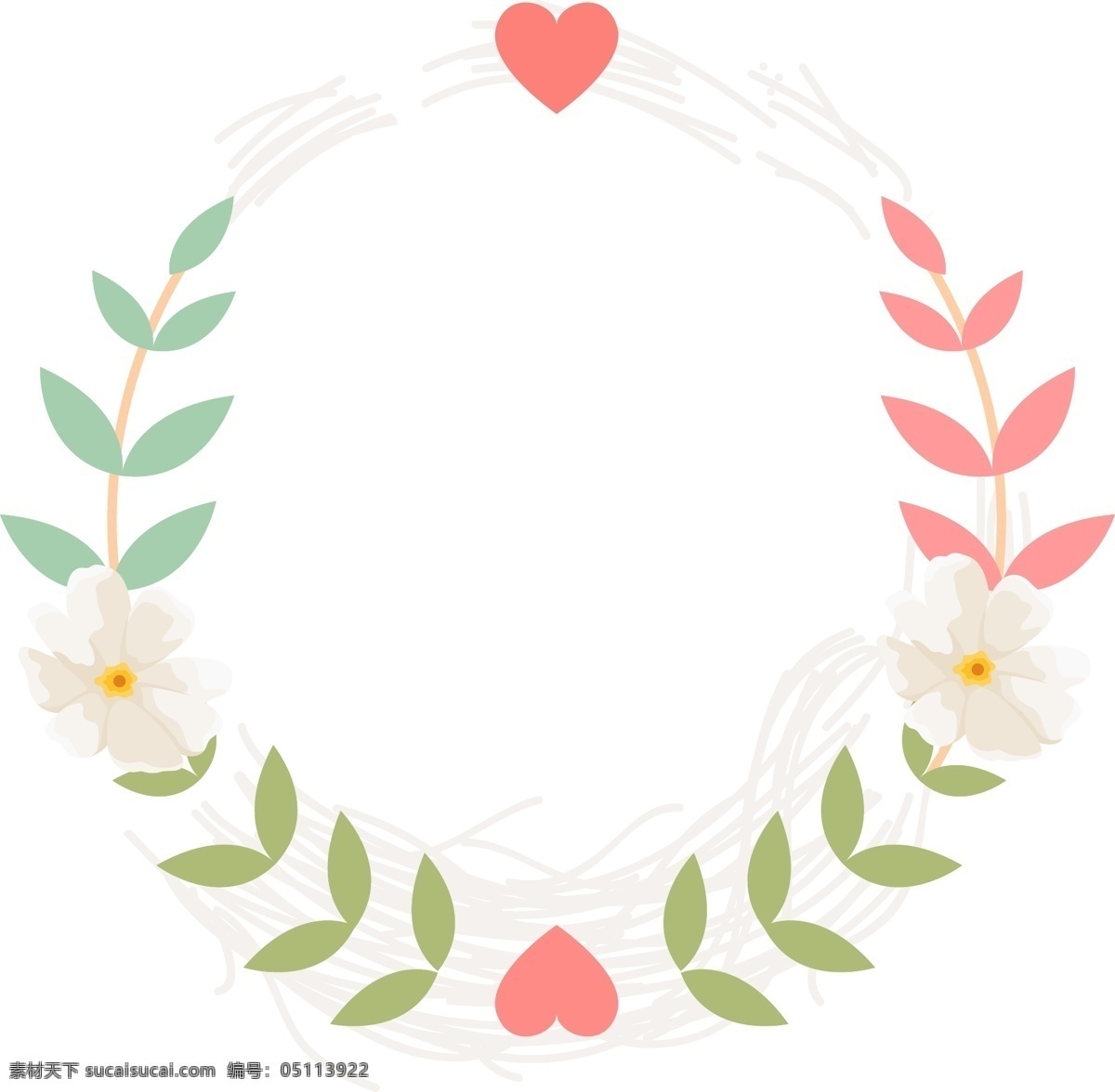 矢量 手绘 树叶 花朵 边框 绿色树叶 粉色树叶 蓝色树叶 红色爱心 爱情 白色花朵 婚礼