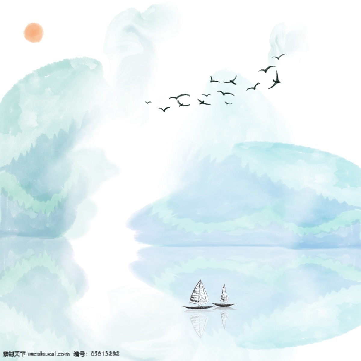 国画 彩色 水墨 山水 中 国风 古风 风景 插画 中国风 小清新 典雅 水彩 水墨风 毛笔画 山 树 人 船 帆船 鸟 古画 黑白画 红日 太阳 云