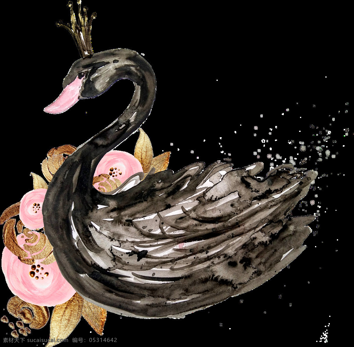水彩 黑 天鹅 透明 黑天鹅 卡通 抠图专用 装饰 设计素材