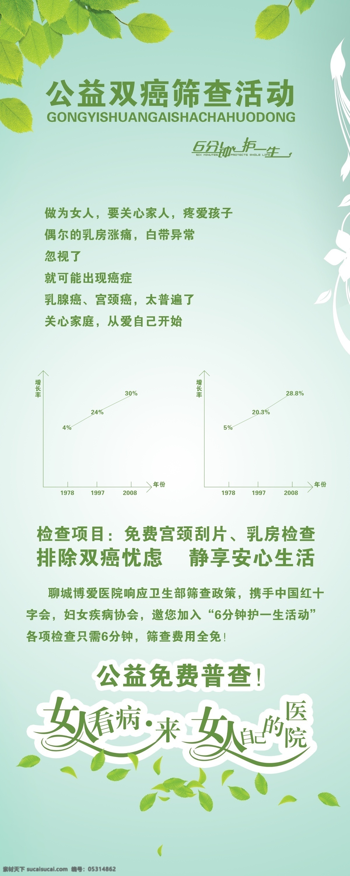 妇科 双 癌 筛查 查体 易拉宝 海报 美女 免费 女人心 女人医院 博爱 绿色 树叶 花边 国内广告设计 广告设计模板 源文件
