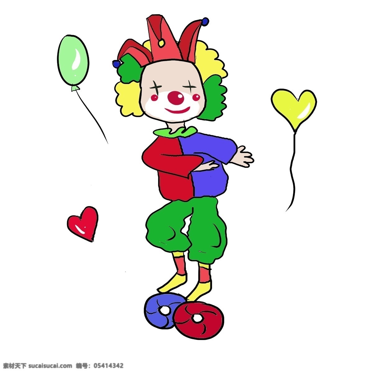 跳舞 小丑 装饰 插画 愚人节小丑 跳舞的小丑 小丑装饰 小丑插画 彩色的气球 爱心气球 表演的小丑