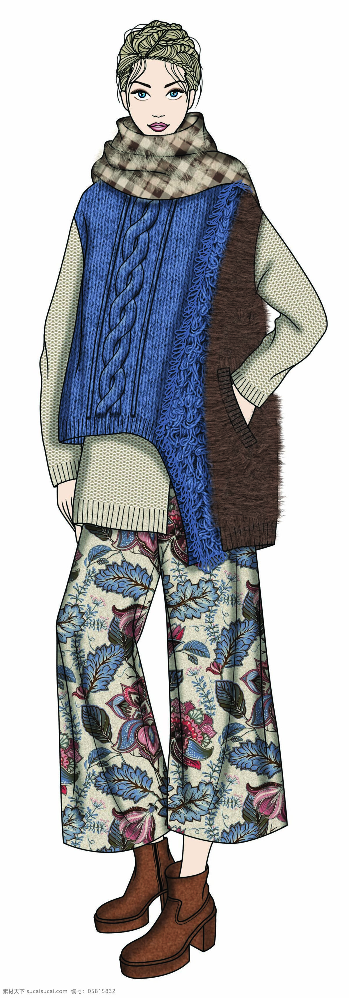 成熟 个性 风 蓝色 毛衣 女装 服装 效果图 服装效果图 格子围巾 裤子 蓝色毛衣 上衣