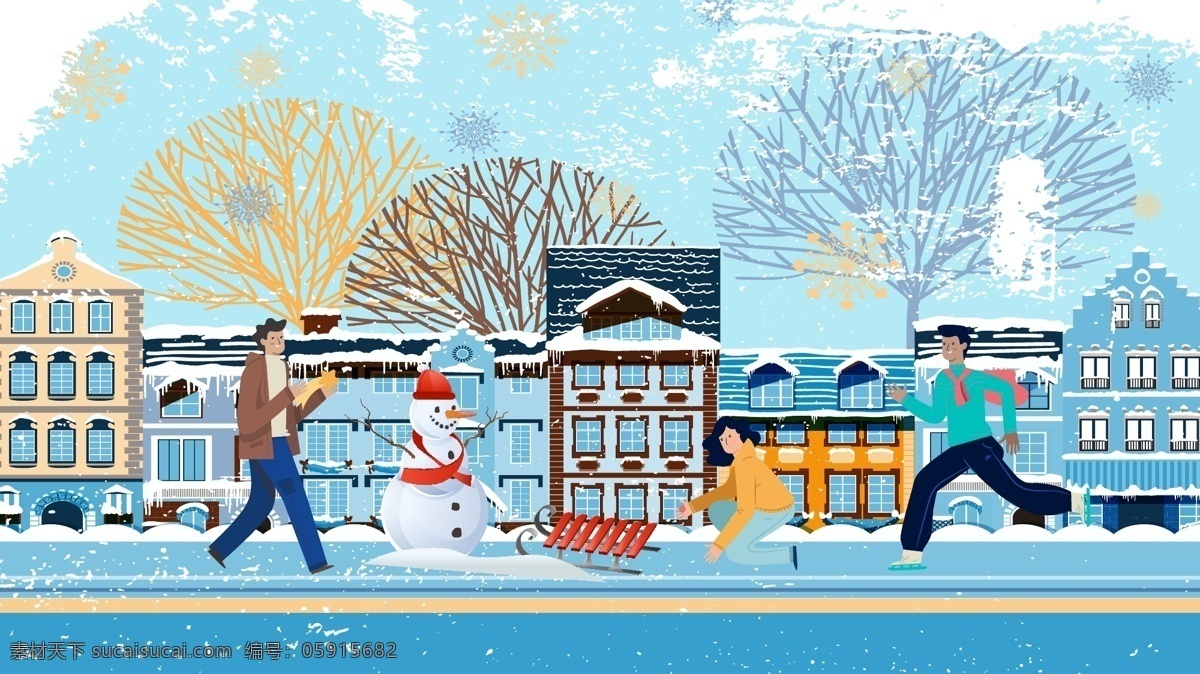 月 你好 街道 旁 堆 雪人 滑雪 矢量 插画 矢量插画 冬季 冬天 11月你好 堆雪人 十一月你好