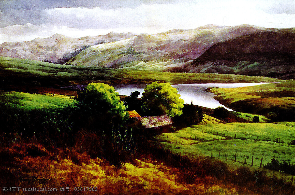 山村 山间流水 油画山水 山水风景 小山村 田野风光 风景油画 水乡 绘画书法 文化艺术