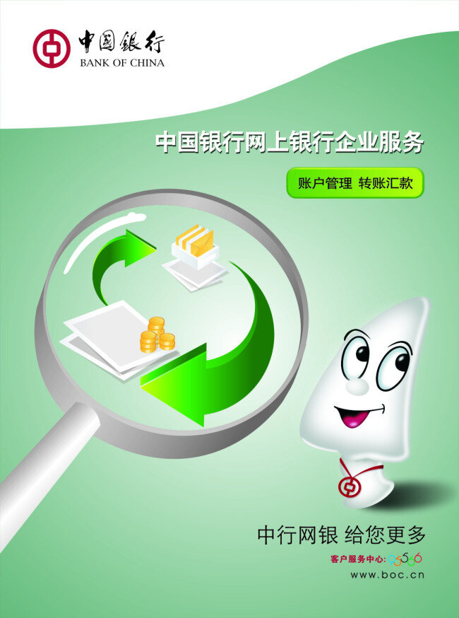 中国银行 网上银行 企业服务 标语 放大镜 人物 矢量图 商务金融