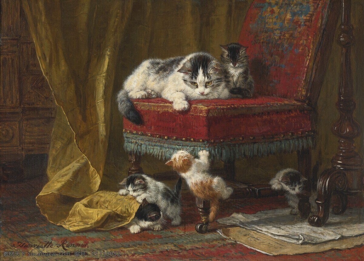 地毯 绘画书法 室内 玩耍 文化艺术 箱子 小猫 小猫设计素材 小猫模板下载 19世纪油画 油画 装饰素材