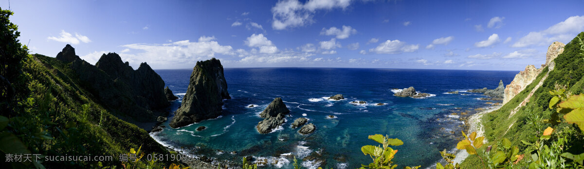 日本 武 意 岛 海岸 全景 武意岛 海 蓝天 白云 树叶 自然景观 自然风景 摄影图库