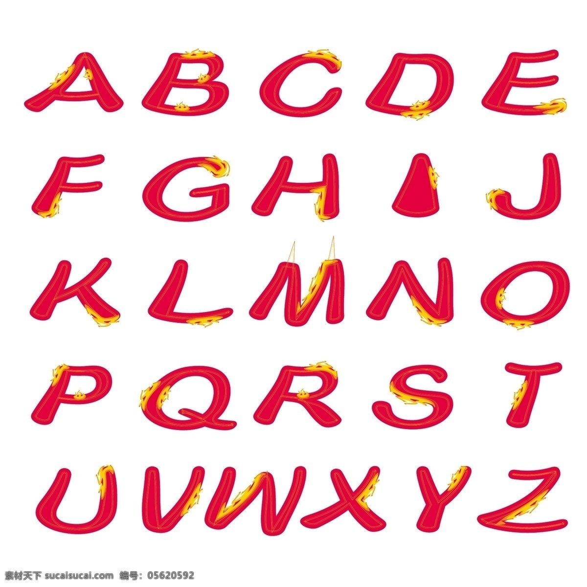 红色 火焰 英文 字母表 矢量 卡通 艺术字 字体 火