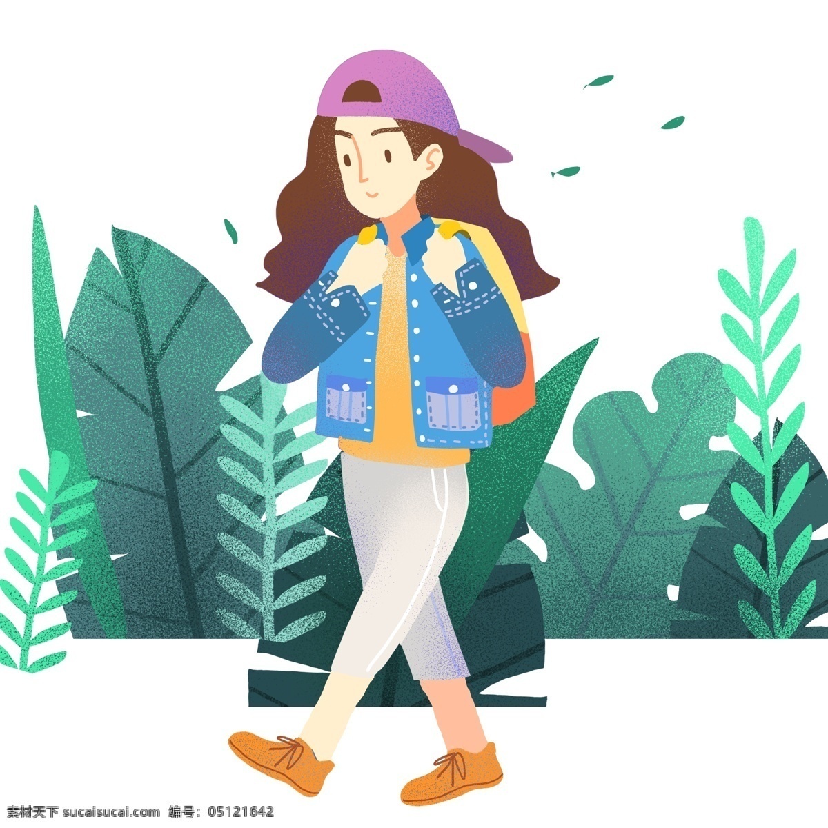 踏青 漂亮 女孩 散步 插画 春游 绿色的叶子 植物装饰 蓝天白云 卡通的人物