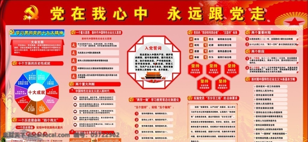 十九大展板 十九大 党建展板 十大成就 历史使命 四个伟大 重大思想 重大判断 入党誓词 两学一做 五个坚持 四讲四有 党员 百分百工程 两个重要时期 两个阶段 基本方略 展板模板