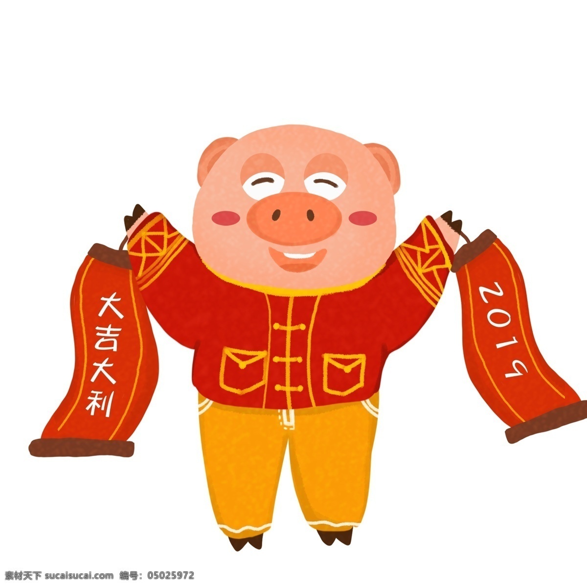 动漫卡通 猪 插画 过年 高清 春节 炮竹 猪年 猪猪 背景 金子 原创 开心 2019 新年 习俗 手绘猪年