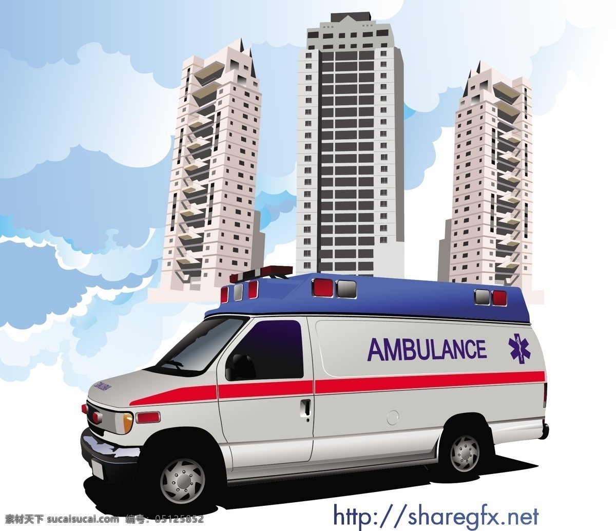 辆 救护车 矢量 紧急 车辆 医院 摩天大楼 矢量素材 紧急车辆 运输载体 矢量图 日常生活