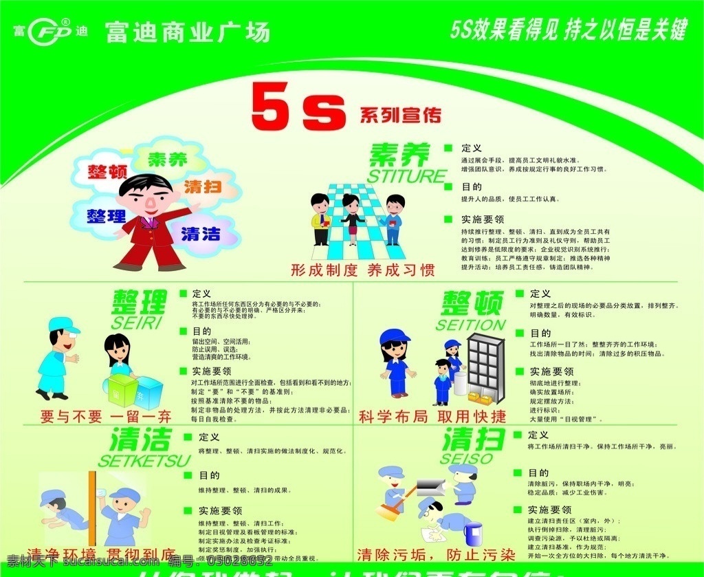 5s宣传 5s 环保宣传 卡通人物 清洁 素养 清扫 传单 矢量