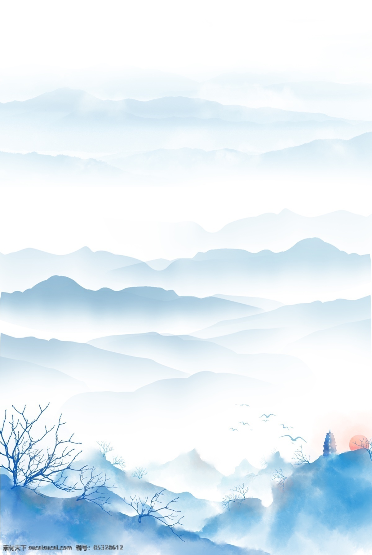 中国 风 水墨 背景 中国风 水墨背景 蓝色 远山 诗意 唯美 浅蓝色 塔子 日出 分层