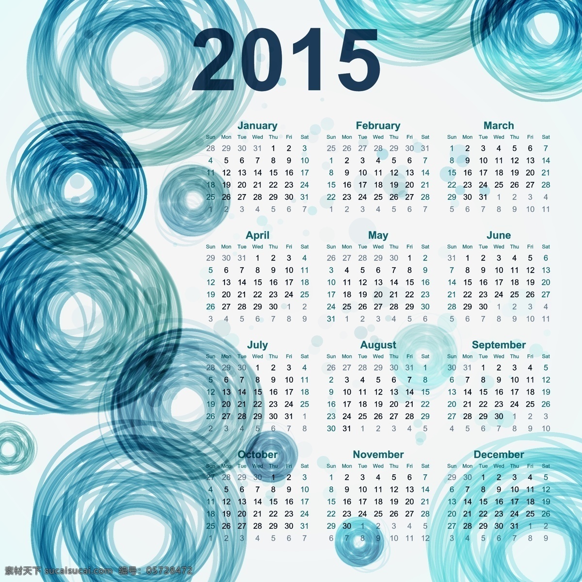 2015 蓝色 圈 年历 羊年日历 乙未年 日历 方形日历 创意设计 圆圈 圆形 矢量图 2015日历 招贴设计 白色