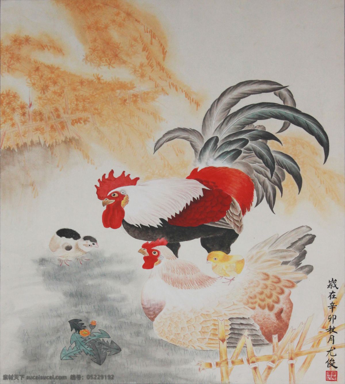 国画 工笔 公鸡 母鸡 小鸡 壁画 装饰画 无框画 雄鸡 绘画书法 文化艺术