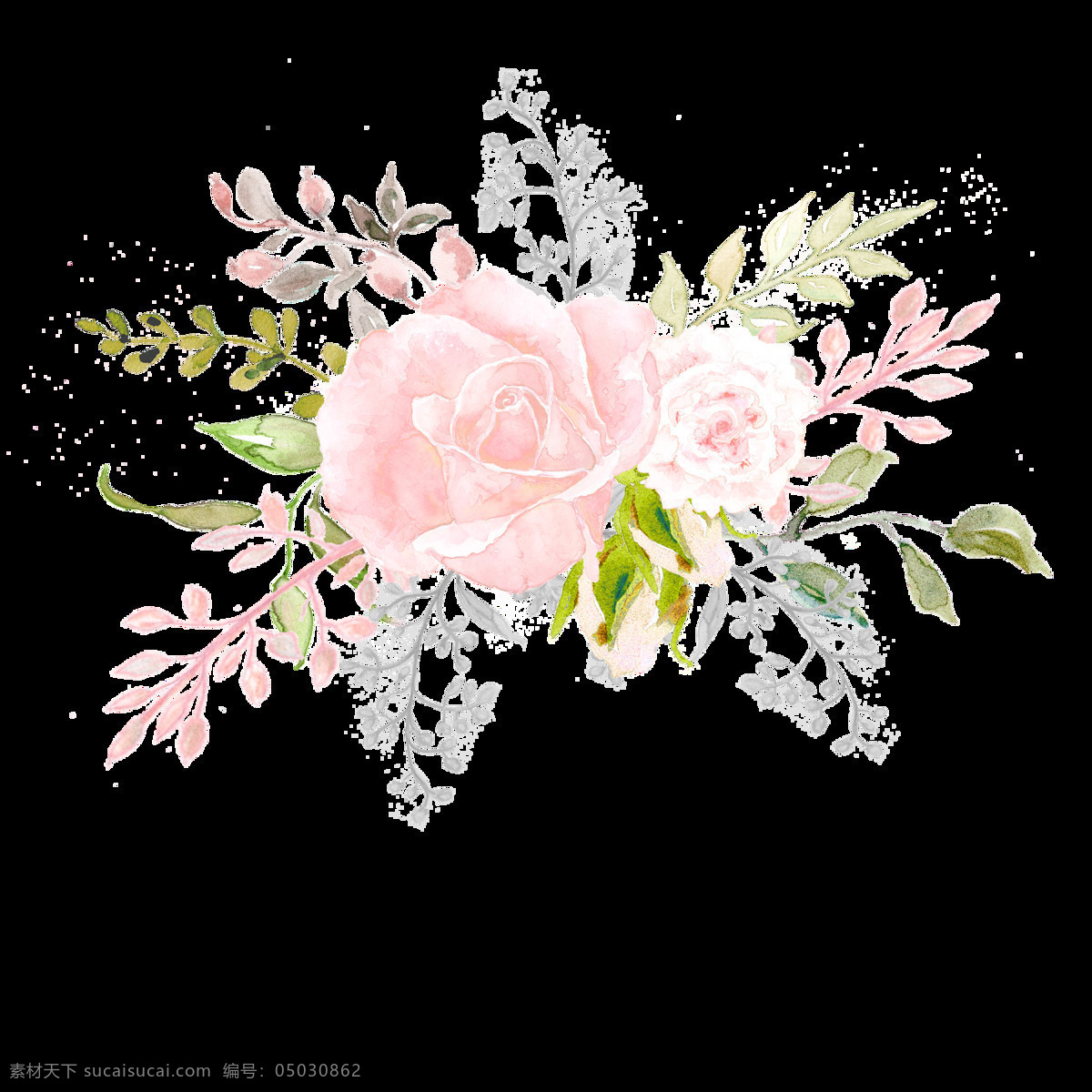 手绘 淡 粉色 花卉 透明 淡雅 粉红色 浪漫 绿色 免扣素材 清新 水彩 透明素材 叶子 装饰图案