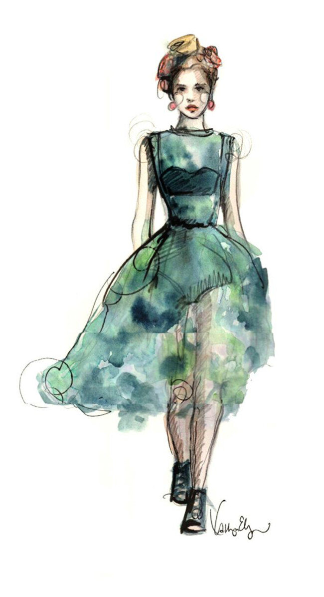 绿色 连衣裙 设计图 服装设计 时尚女装 职业女装 职业装 女装设计 效果图 短裙 衬衫 服装 服装效果图