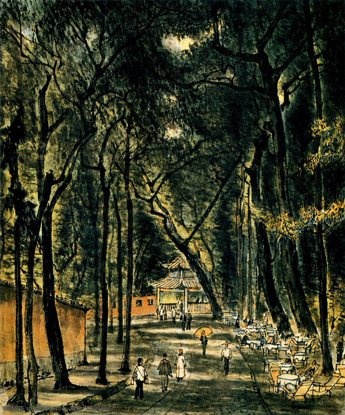 风景画 国画艺术 绘画 绘画书法 凉亭 书法 树林 灵隐茶座 中国画 水墨画 李可染作品 寺庙 灵隐寺 游客 树木 印章 李可染国画 文化艺术 装饰素材 雕刻 图案