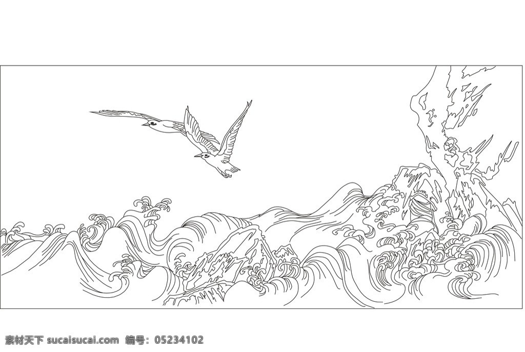 海鸥 海浪 浪花 壁挂 矢量 线条 飞鸟 矢量素材 其他矢量