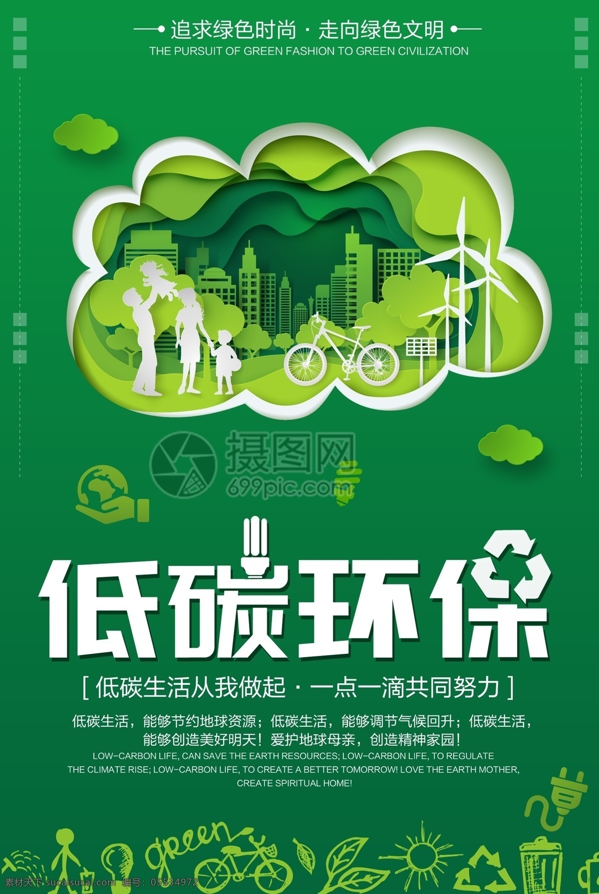 绿色 低 碳 环保 健康生活 海报 公益海报 低碳 低碳环保 绿色生活 保护环境 剪纸风