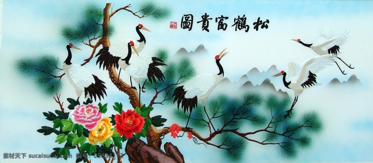 漂亮 彩色 白鹤 装饰画 花朵