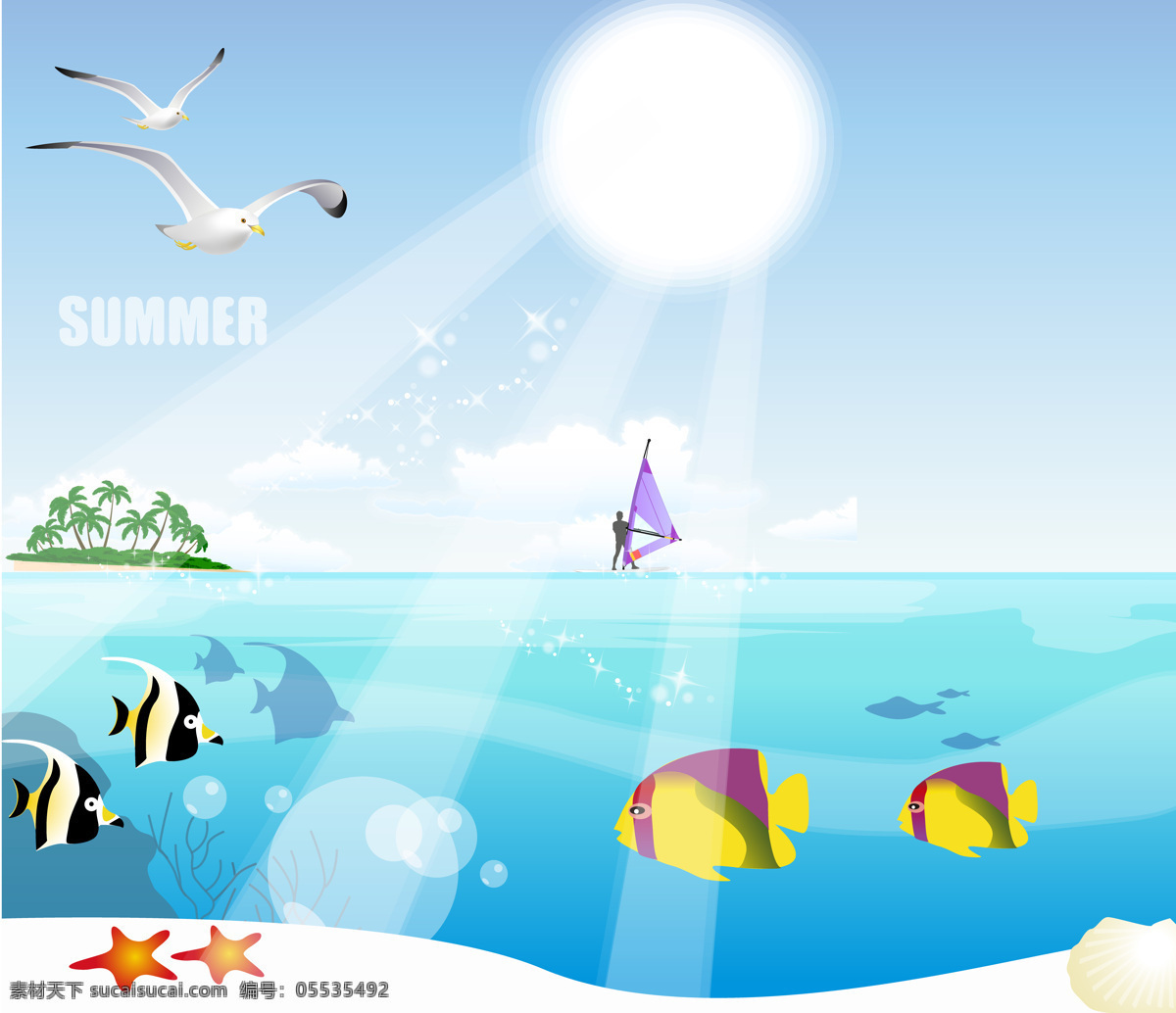 海鸥 鱼 帆船 岛屿 大海 蓝天 阳光 海星 自然景观 自然风光