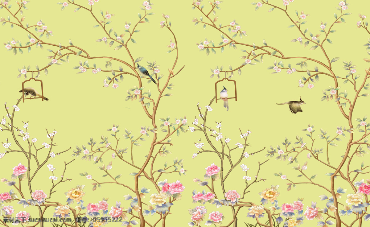 复古 手绘 花鸟 植物 花 鸟 壁画 电视背景墙 中国风 牡丹花 植物背景 花鸟底纹 黄色