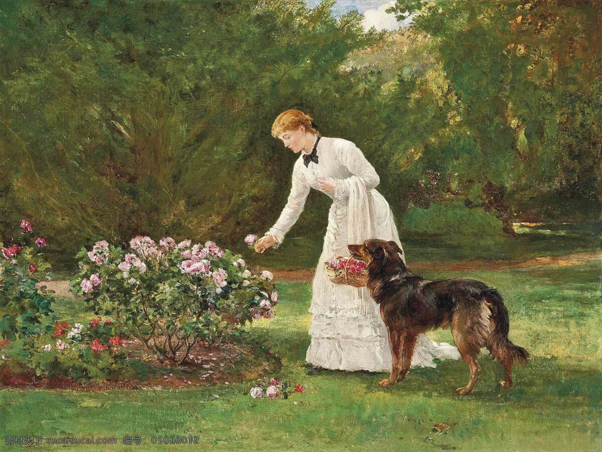 玫瑰园中 一白衣女子 摘花 一只狗 叼着 花篮 19世纪油画 油画 文化艺术 绘画书法