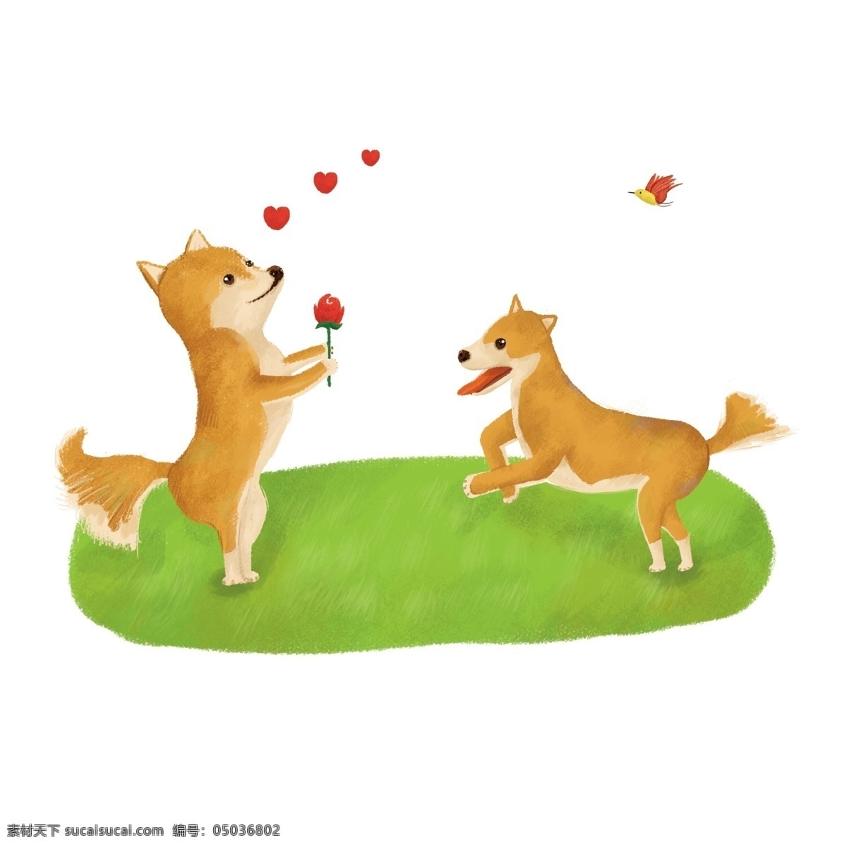 情侣 狗 谈恋爱 手绘 卡通 商用 元素 求爱 情侣狗 玫瑰 可商用