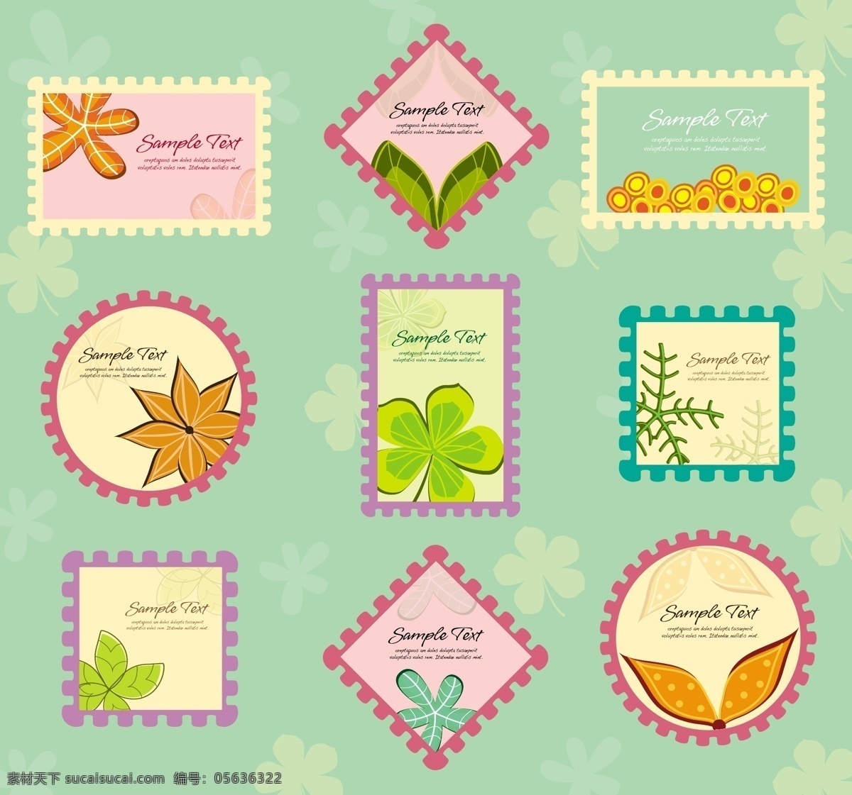 花卉邮票 花 标签 花香 徽章 印章 模板 叶 文字 植物 颜色 三叶草 粉彩 邮票 离开 样本 样本文字 柔和的色彩 绿色