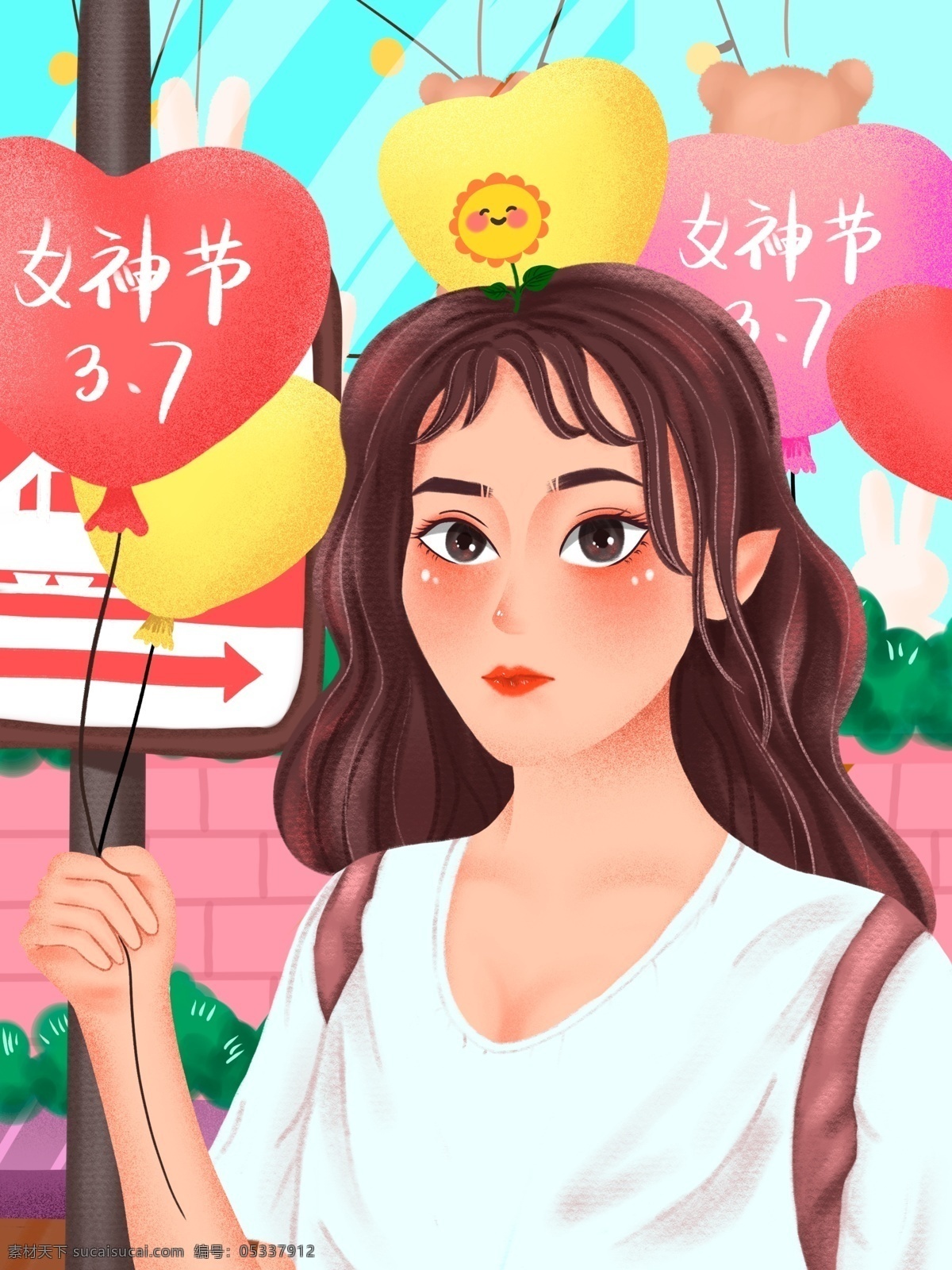 唯美 清新 女生 女神 节 插画 路牌 女孩 女生节 女神节 树 草地 路 花 草 气球 商店 玩具