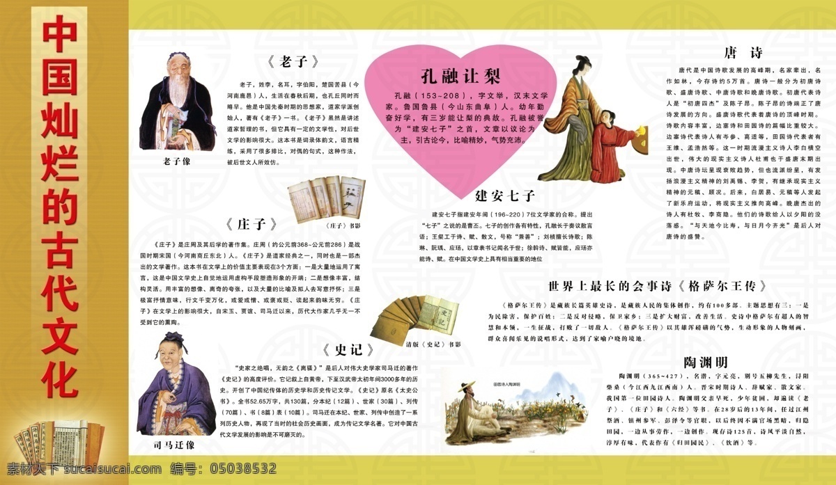 插画 古代文化 古典花纹 广告设计模板 老子 唐诗 源文件 中国 灿烂 古代 文化 古代文化介绍 庄子 史记 孔融 建安七子 格萨尔王 陶渊明 学校展板样板 企业文化海报