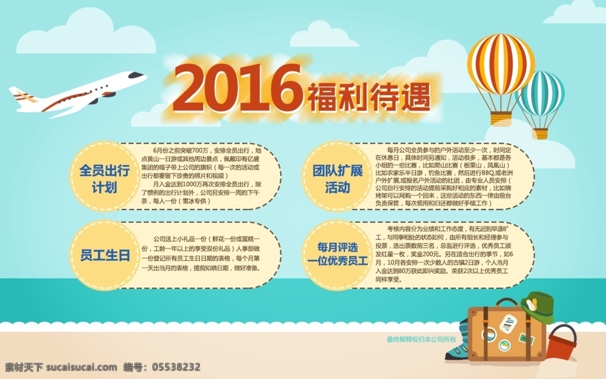 新年福利待遇 福利 2016 待遇 合作奖 团队奖 个人奖 旅游 气球 黄山 自助游 bbq 飞机 沙滩 手提包 云朵 奖金 烧烤 大海 下午茶 狂欢 金币