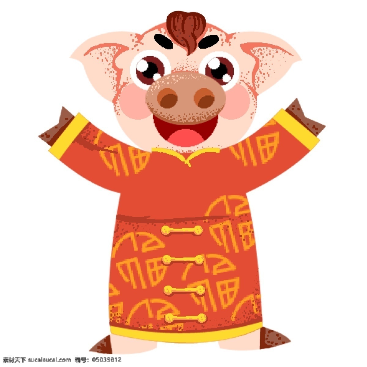 复古 手绘 穿着 唐装 小 猪 形象 插画 中国风 过年 春节 小猪形象 猪年形象 猪年 新年