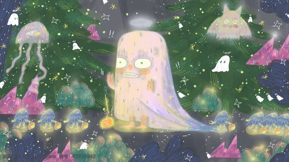 万圣节 调皮 小 怪物 节日 可爱 植物 梦幻 淘气 水母 猫头鹰 幽灵 恐怖 南瓜灯 精灵 渐变