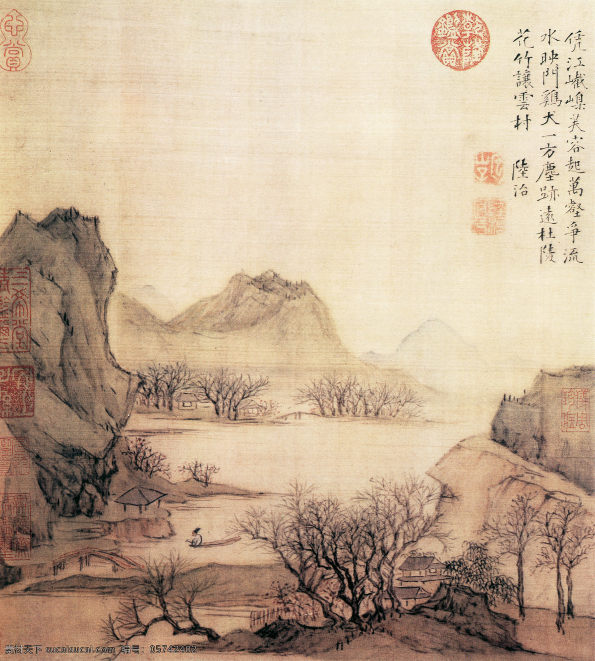 山水 名画 书画 花溪 渔 隐 图 古画 山水画 山水名画书画 书画真迹 中国水墨画 花溪渔隐图 名家陆治 文化艺术