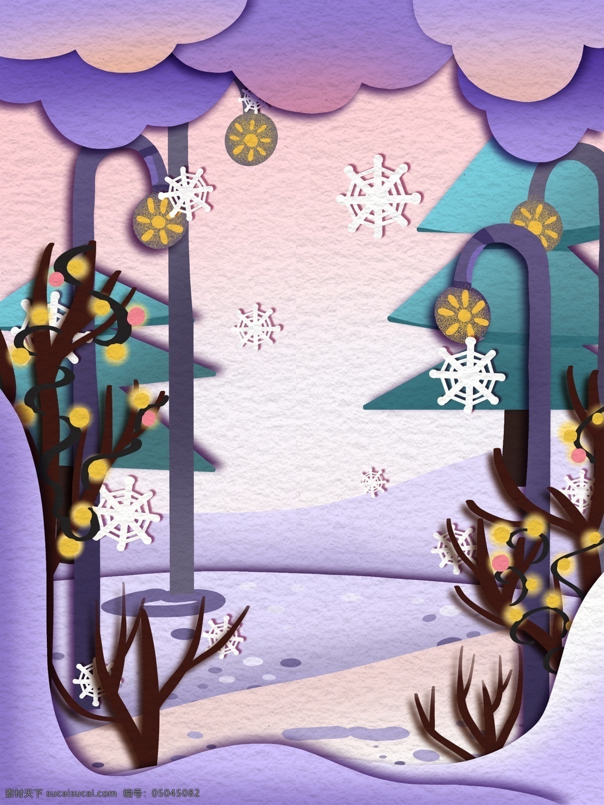 剪纸 风 冬季 树林 背景 紫色 雪花 背景图 创意 剪纸背景 下雪 广告背景 彩绘背景 特邀背景 促销背景 背景展板图