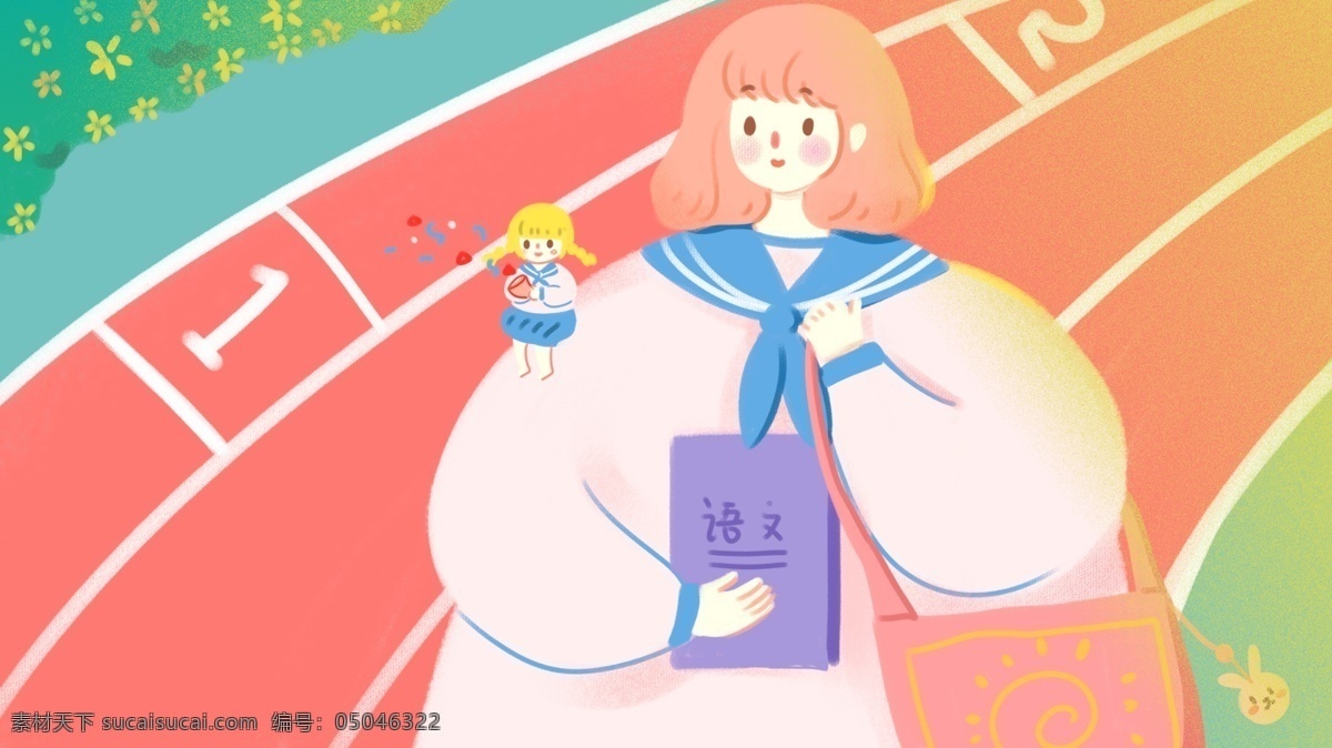 开学 季 书 包 操场 散步 女孩 扁平 书本 可爱 渐变 新书 书包 帆布袋 校服 新学期 学期 塑胶跑道 小姑娘 海报