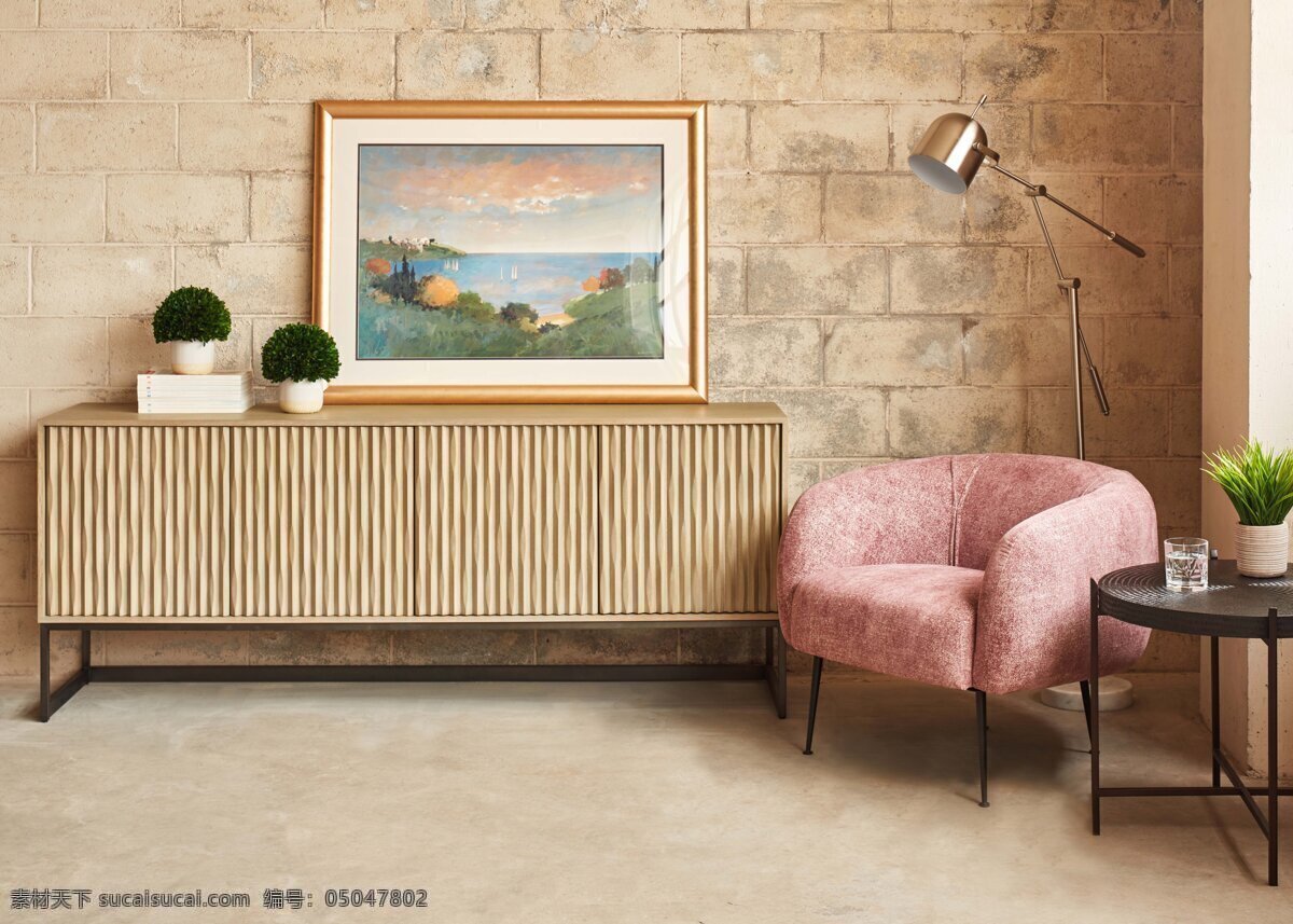 简约 家居 效果图 单人沙发 边柜 简欧 暖色 温馨 砖纹背景 背景墙 摆设 室内设计 环境设计