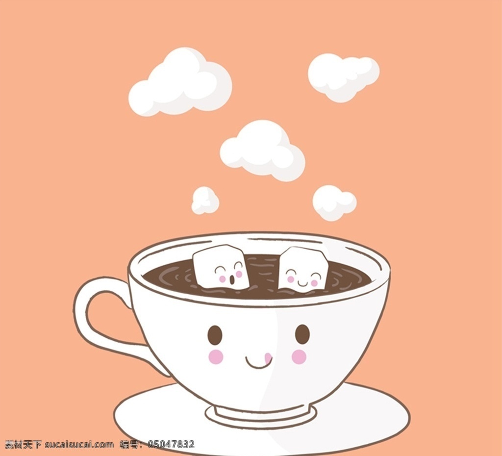 卡通 加 糖 咖啡 热气 方糖 热咖啡 咖啡杯 碟子 矢量 高清图片