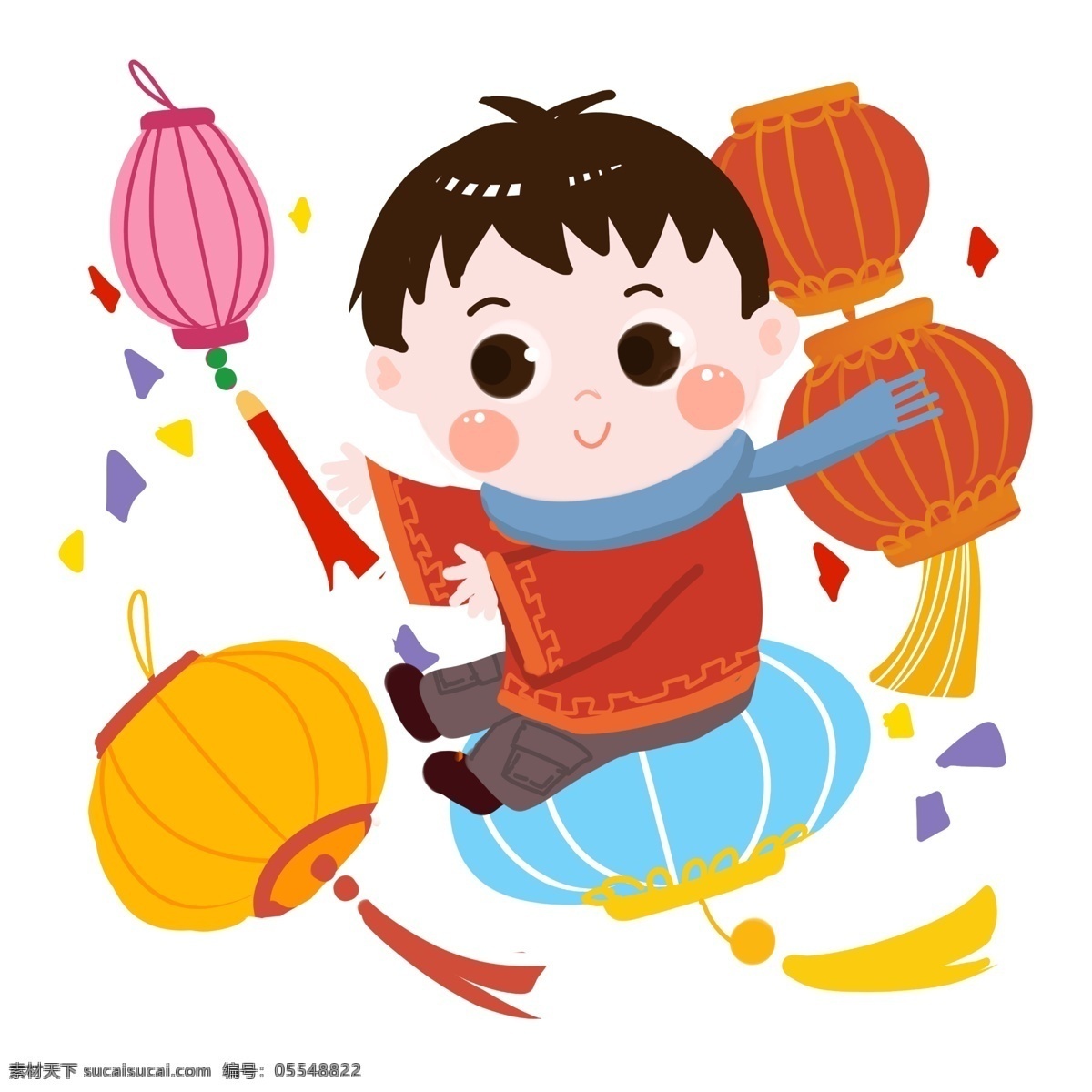 元宵 卡通 男孩 坐 花灯 卡通男孩 灯笼 彩带 戴蓝色围巾 爱笑的男孩 祈福 开心的畅游 与灯笼玩耍