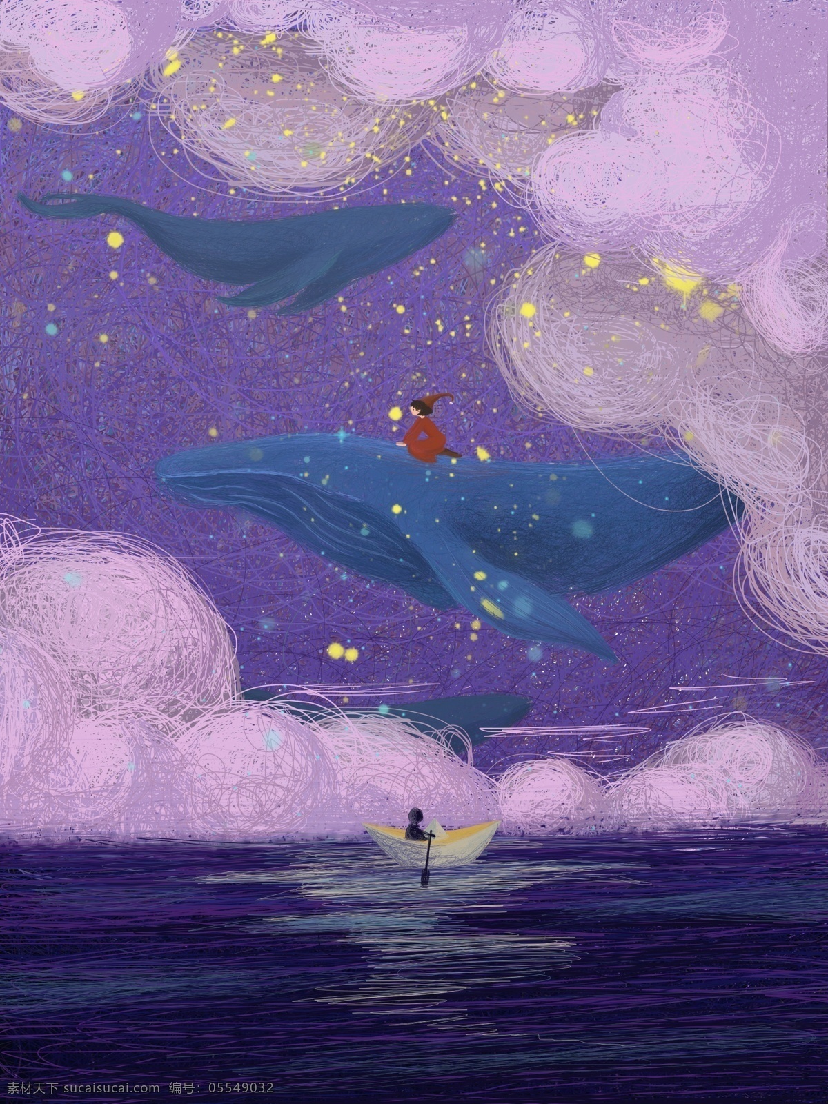梦幻 治愈 唯美 鲸鱼 女孩 大海 星空 手绘 插画