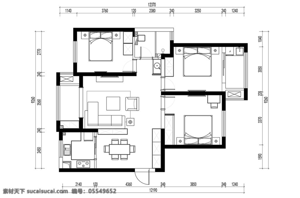 三居室 户型 cad 平面 方案 家装 三室一厅 平面图 室内设计 室内装饰 装修 客厅