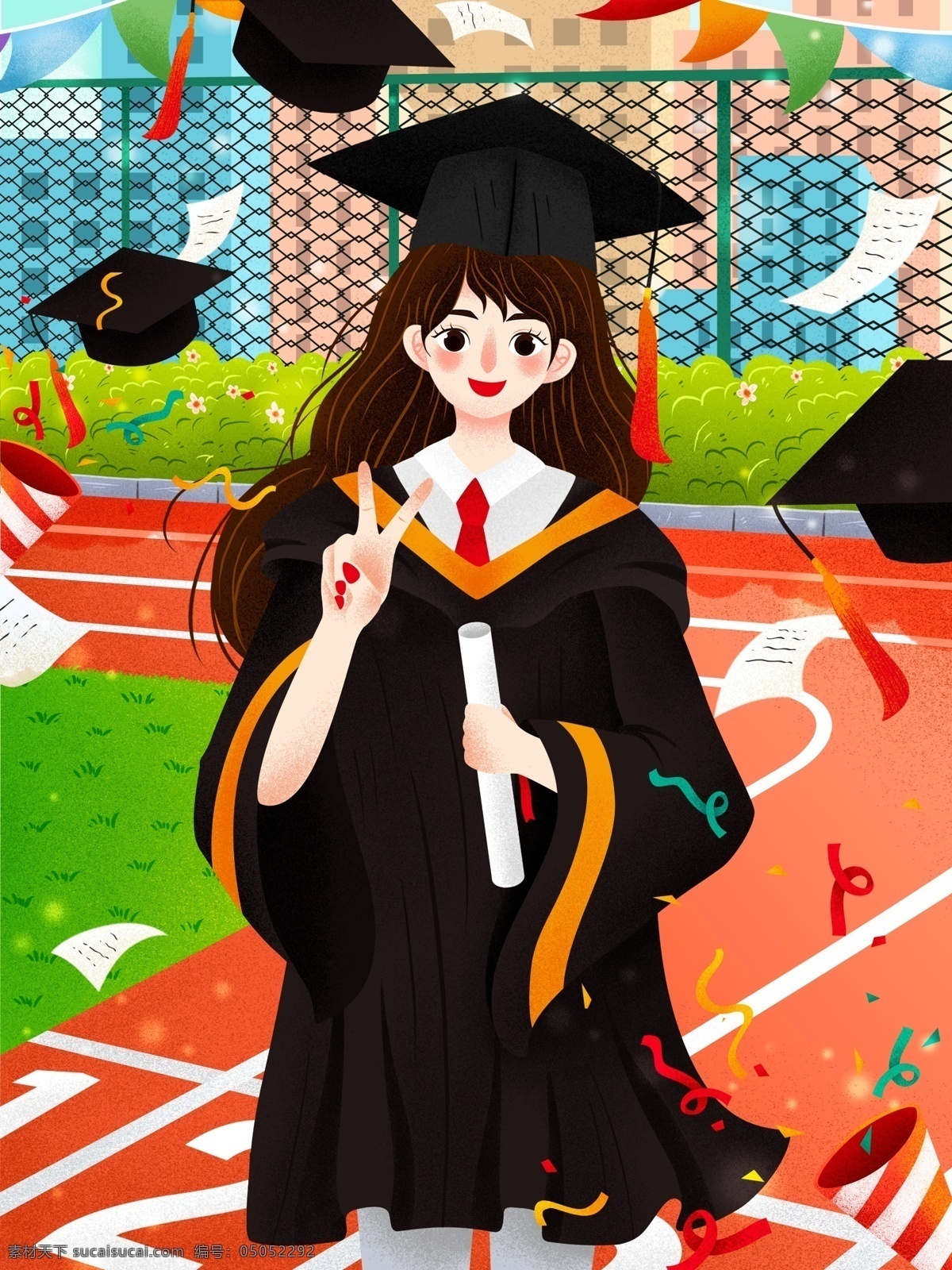 毕业 季 我们 穿 学士 服 女孩 插画 毕业季 我们毕业啦 再见青春 学士服 学士服女孩 学士帽 毕业照 彩旗 跑道 围栏 礼炮 彩带 毕业季插画