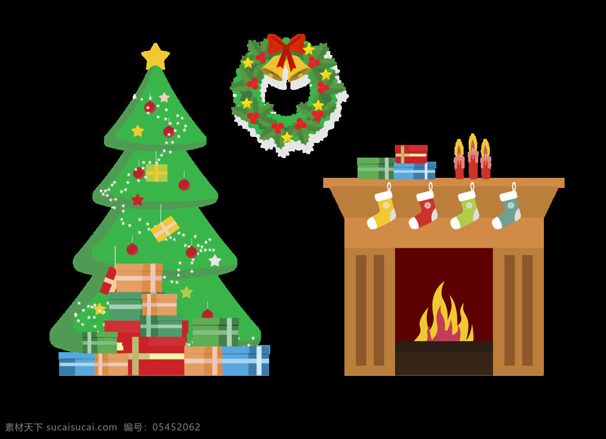 卡通 圣诞节 圣诞树 袜子 火炉 元素 礼物 png元素 免抠元素 透明元素