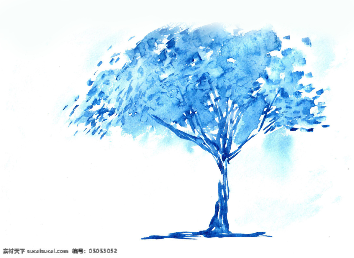 水彩树图片 手绘花 水彩花 素材花 数码印花 大牌花 水彩树 树 蓝色树 水彩 分层